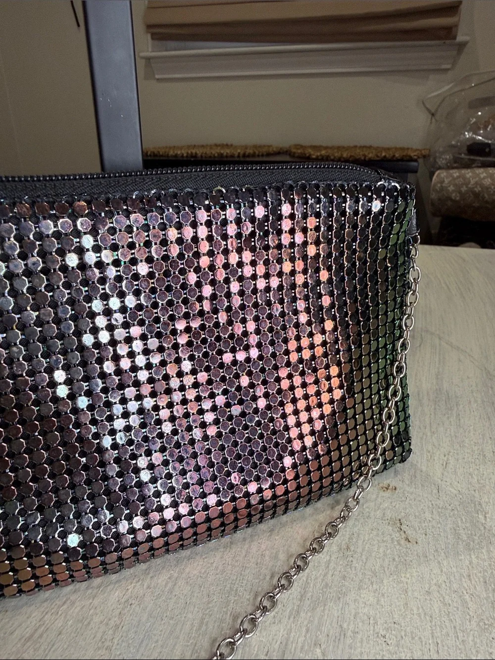 Sequin Wristlet Clutch with Silver Chain - Black & Pink